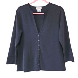 TALBOTS Black Button Front Deep V-Neck 3/4 Sleeve Cardigan Large #0233